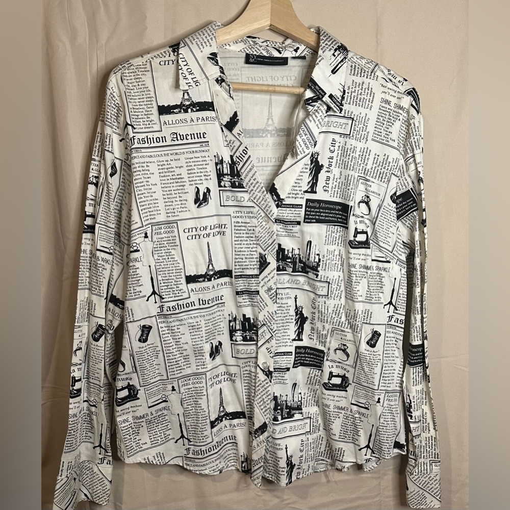New York & Company Black and White Newspaper Print Blouse